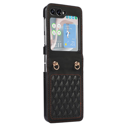 Grid Imprinted PU Leather PC Case for Samsung Galaxy Z Flip5 5G Protective Phone Shell with Shoulder Strap