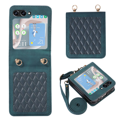 Grid Imprinted PU Leather PC Case for Samsung Galaxy Z Flip5 5G Protective Phone Shell with Shoulder Strap