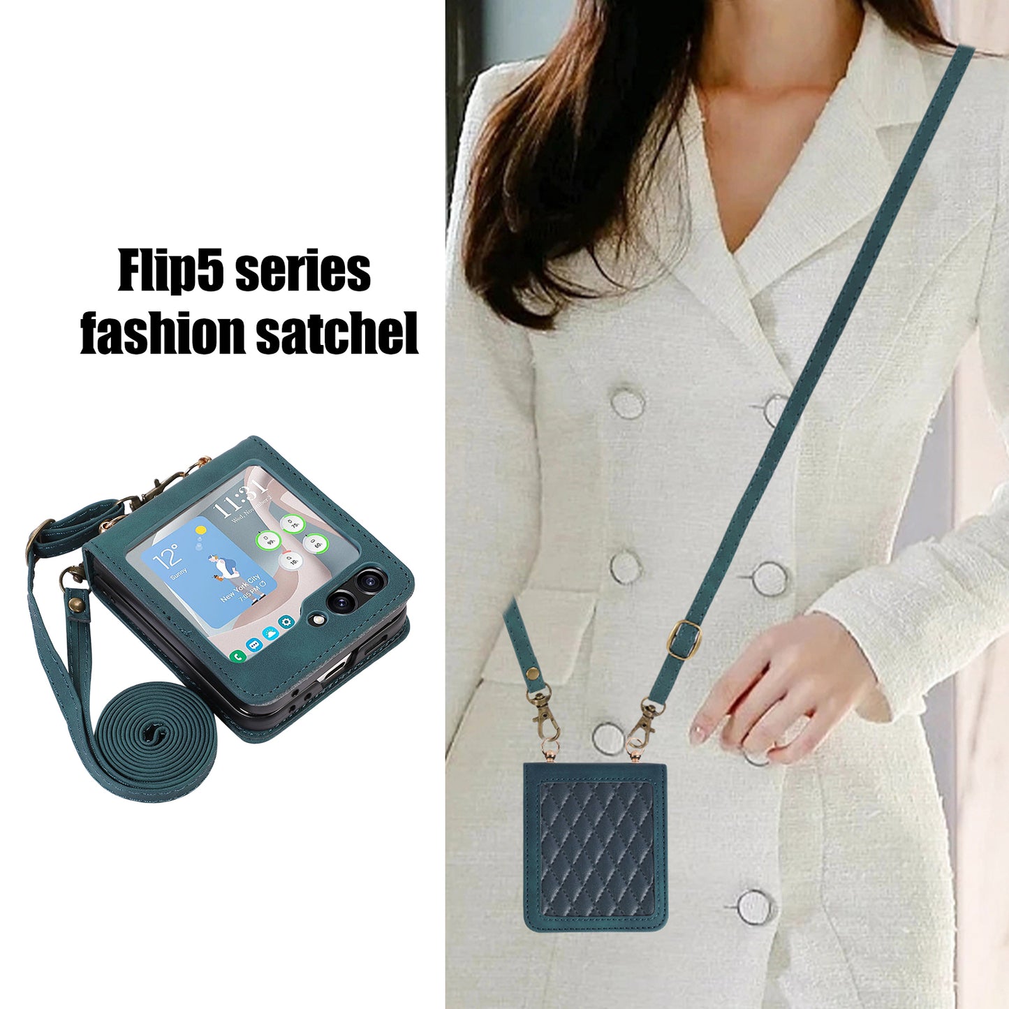 Grid Imprinted PU Leather PC Case for Samsung Galaxy Z Flip5 5G Protective Phone Shell with Shoulder Strap