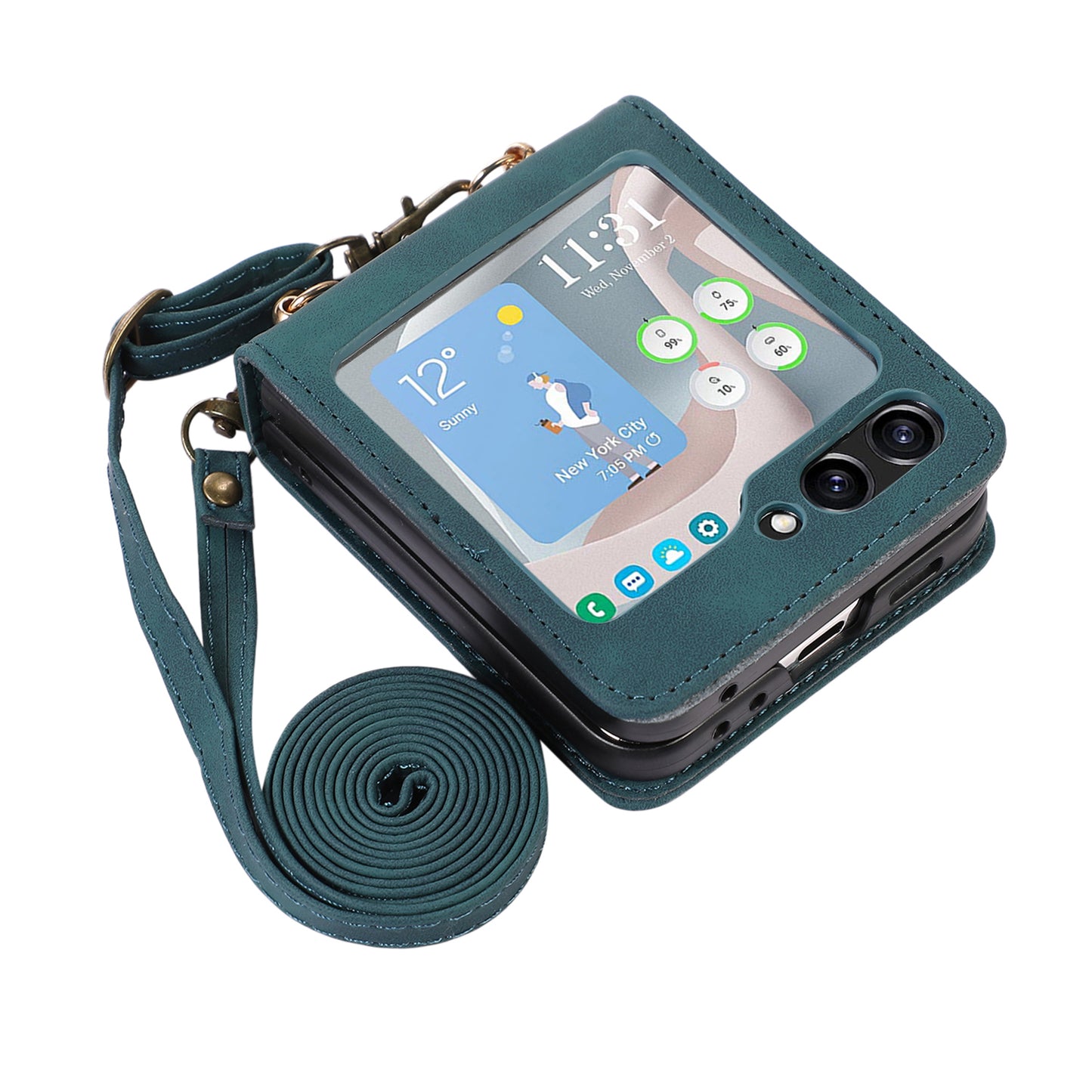 Grid Imprinted PU Leather PC Case for Samsung Galaxy Z Flip5 5G Protective Phone Shell with Shoulder Strap