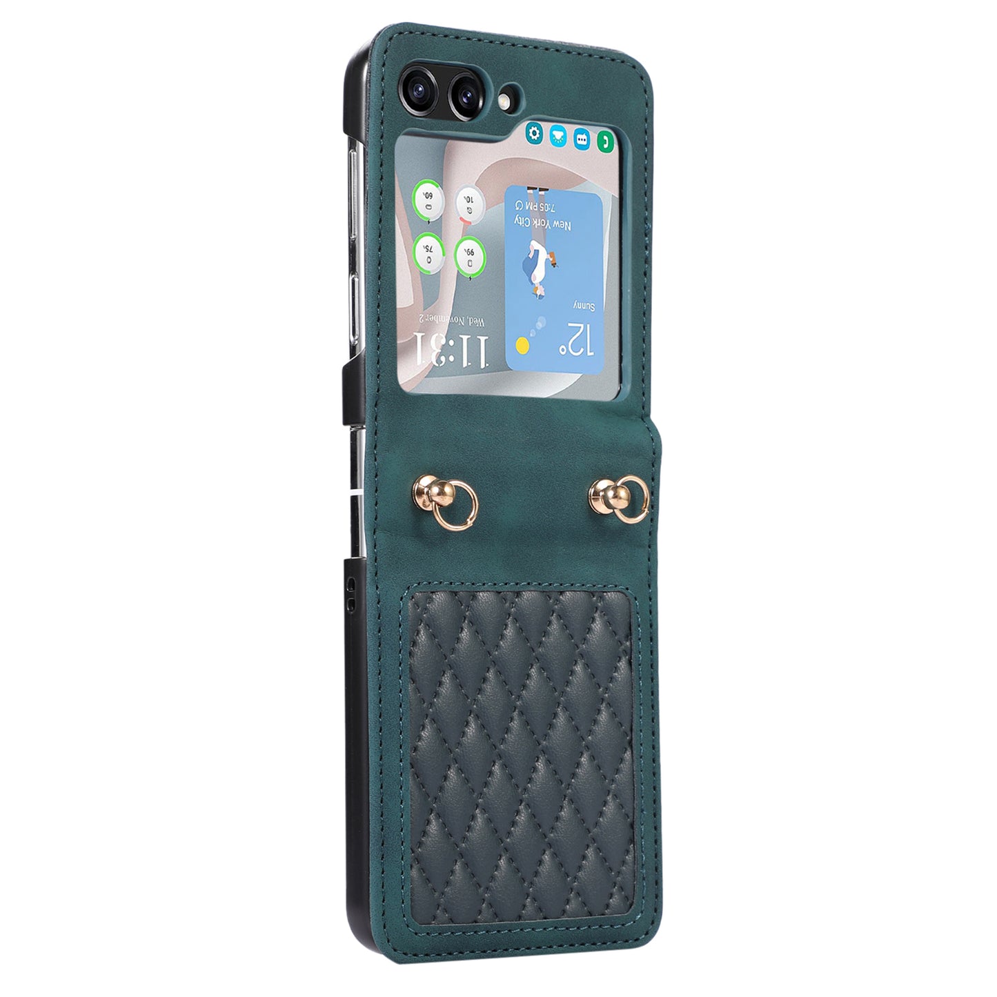 Grid Imprinted PU Leather PC Case for Samsung Galaxy Z Flip5 5G Protective Phone Shell with Shoulder Strap