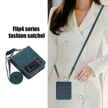 Grid Imprinted PU Leather PC Case for Samsung Galaxy Z Flip5 5G Protective Phone Shell with Shoulder Strap