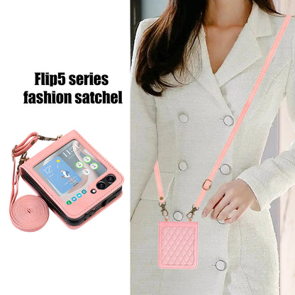 Grid Imprinted PU Leather PC Case for Samsung Galaxy Z Flip5 5G Protective Phone Shell with Shoulder Strap