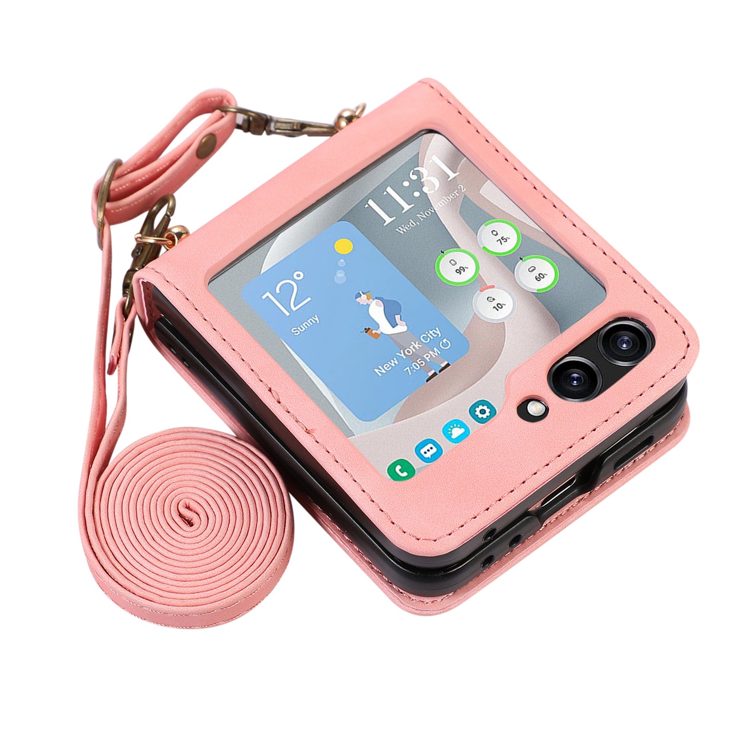 Grid Imprinted PU Leather PC Case for Samsung Galaxy Z Flip5 5G Protective Phone Shell with Shoulder Strap