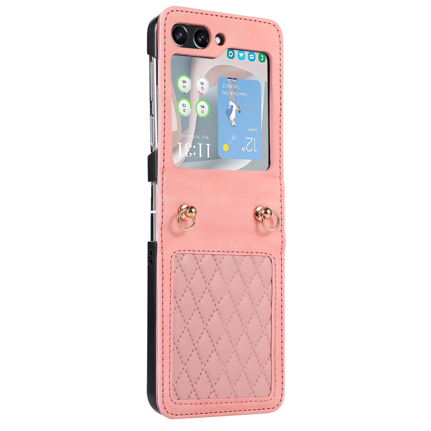 Grid Imprinted PU Leather PC Case for Samsung Galaxy Z Flip5 5G Protective Phone Shell with Shoulder Strap