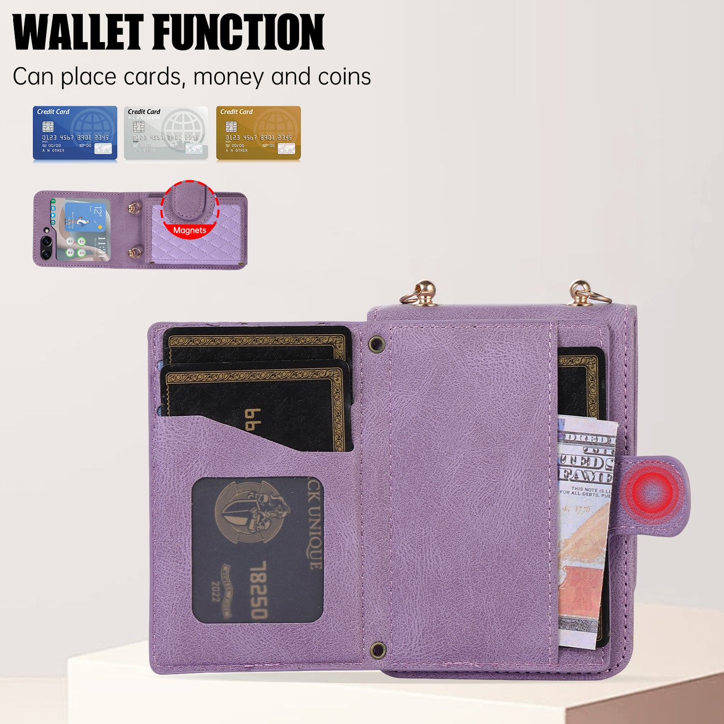 Grid Imprinted Protective Wallet Case for Samsung Galaxy Z Flip5 5G PU Leather PC Phone Cover with Shoulder Strap