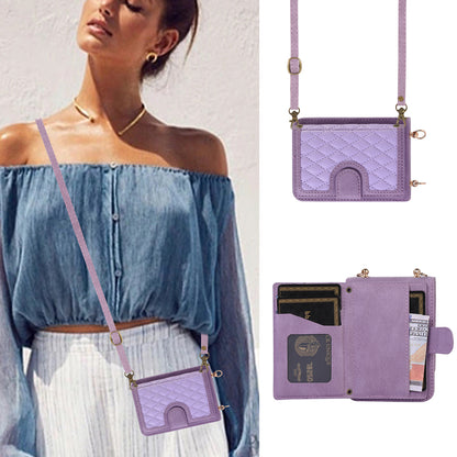 Grid Imprinted Protective Wallet Case for Samsung Galaxy Z Flip5 5G PU Leather PC Phone Cover with Shoulder Strap