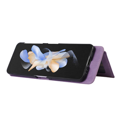 Grid Imprinted Protective Wallet Case for Samsung Galaxy Z Flip5 5G PU Leather PC Phone Cover with Shoulder Strap