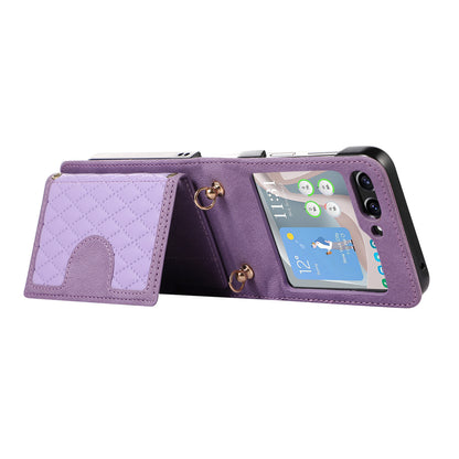 Grid Imprinted Protective Wallet Case for Samsung Galaxy Z Flip5 5G PU Leather PC Phone Cover with Shoulder Strap
