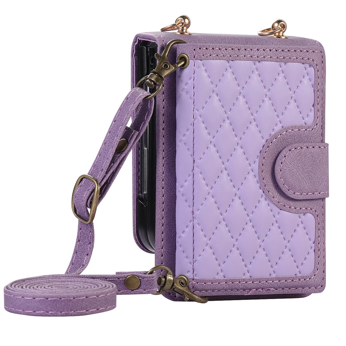 Grid Imprinted Protective Wallet Case for Samsung Galaxy Z Flip5 5G PU Leather PC Phone Cover with Shoulder Strap