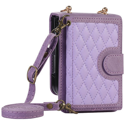 Grid Imprinted Protective Wallet Case for Samsung Galaxy Z Flip5 5G PU Leather PC Phone Cover with Shoulder Strap