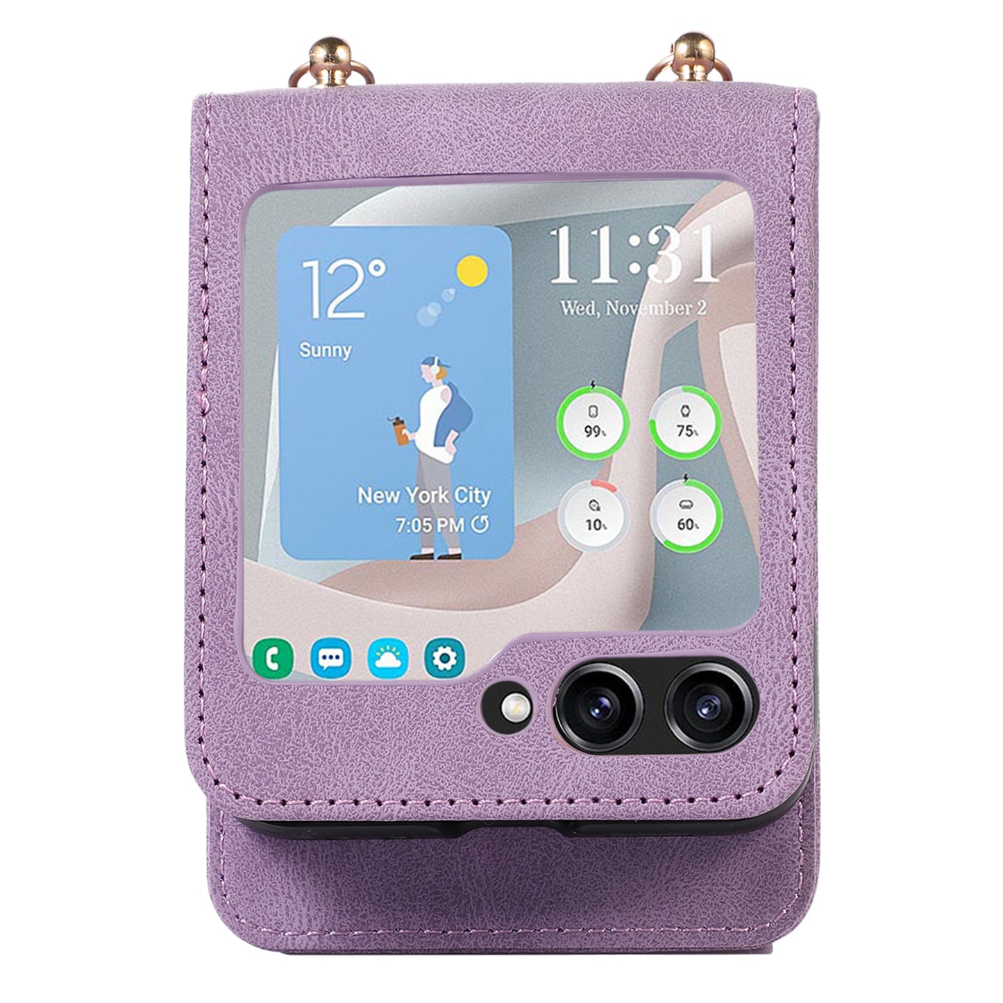 Grid Imprinted Protective Wallet Case for Samsung Galaxy Z Flip5 5G PU Leather PC Phone Cover with Shoulder Strap