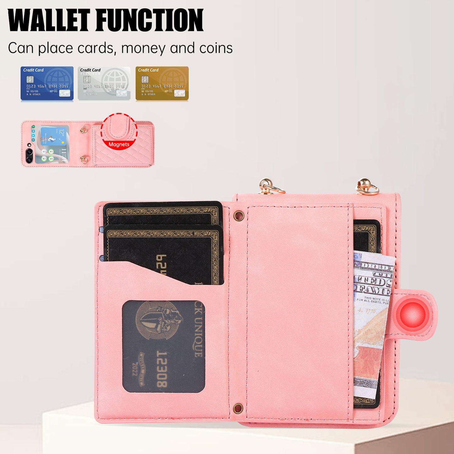 Grid Imprinted Protective Wallet Case for Samsung Galaxy Z Flip5 5G PU Leather PC Phone Cover with Shoulder Strap
