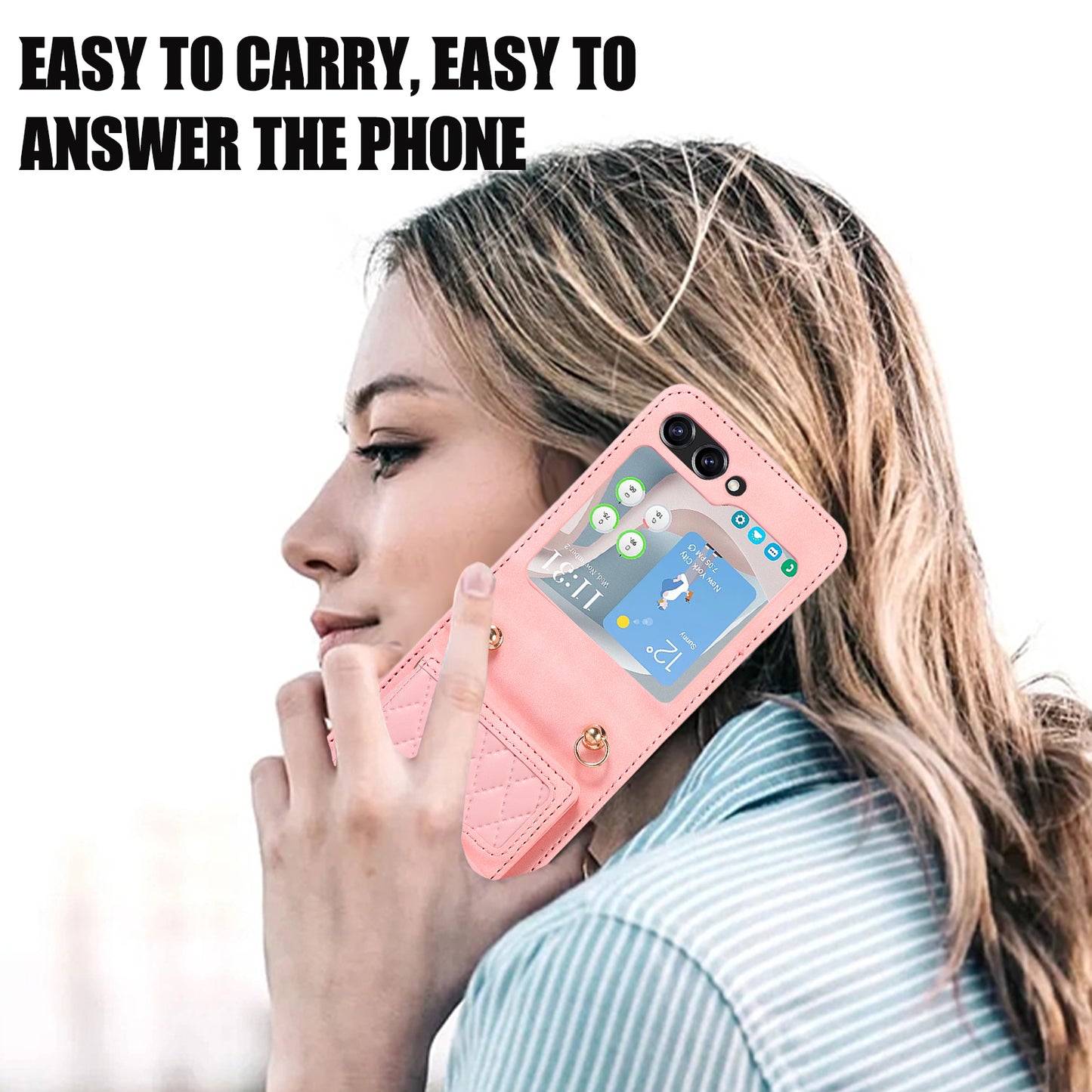 Grid Imprinted Protective Wallet Case for Samsung Galaxy Z Flip5 5G PU Leather PC Phone Cover with Shoulder Strap