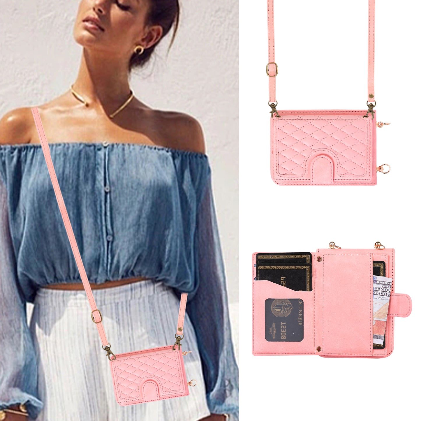 Grid Imprinted Protective Wallet Case for Samsung Galaxy Z Flip5 5G PU Leather PC Phone Cover with Shoulder Strap