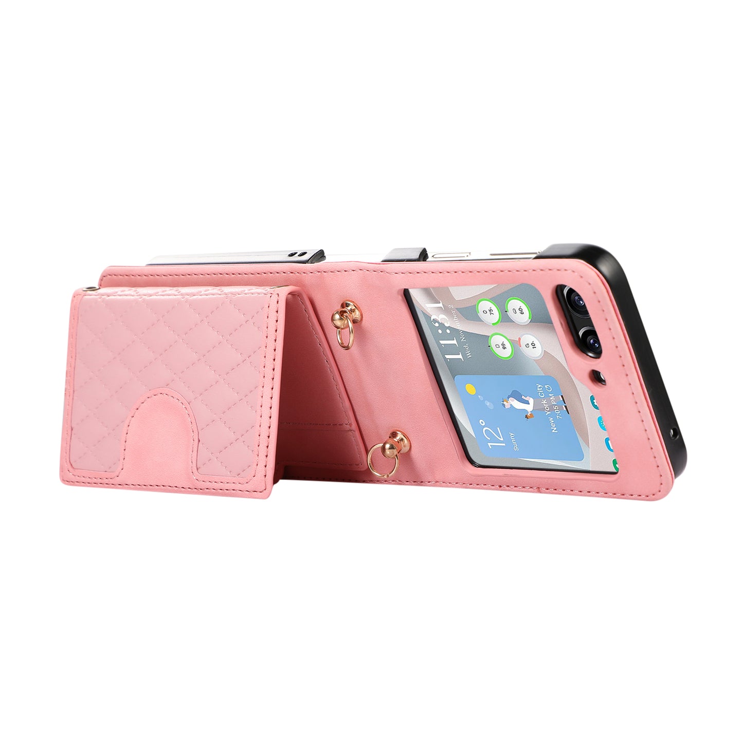 Grid Imprinted Protective Wallet Case for Samsung Galaxy Z Flip5 5G PU Leather PC Phone Cover with Shoulder Strap