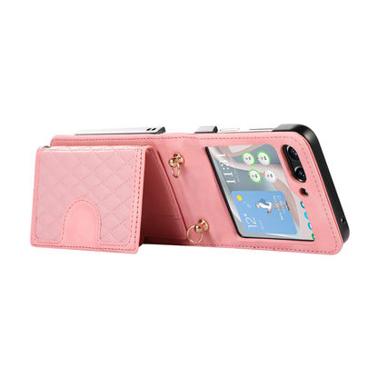 Grid Imprinted Protective Wallet Case for Samsung Galaxy Z Flip5 5G PU Leather PC Phone Cover with Shoulder Strap