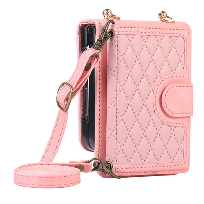 Grid Imprinted Protective Wallet Case for Samsung Galaxy Z Flip5 5G PU Leather PC Phone Cover with Shoulder Strap
