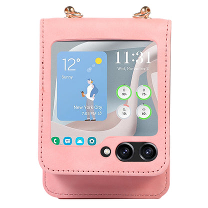 Grid Imprinted Protective Wallet Case for Samsung Galaxy Z Flip5 5G PU Leather PC Phone Cover with Shoulder Strap