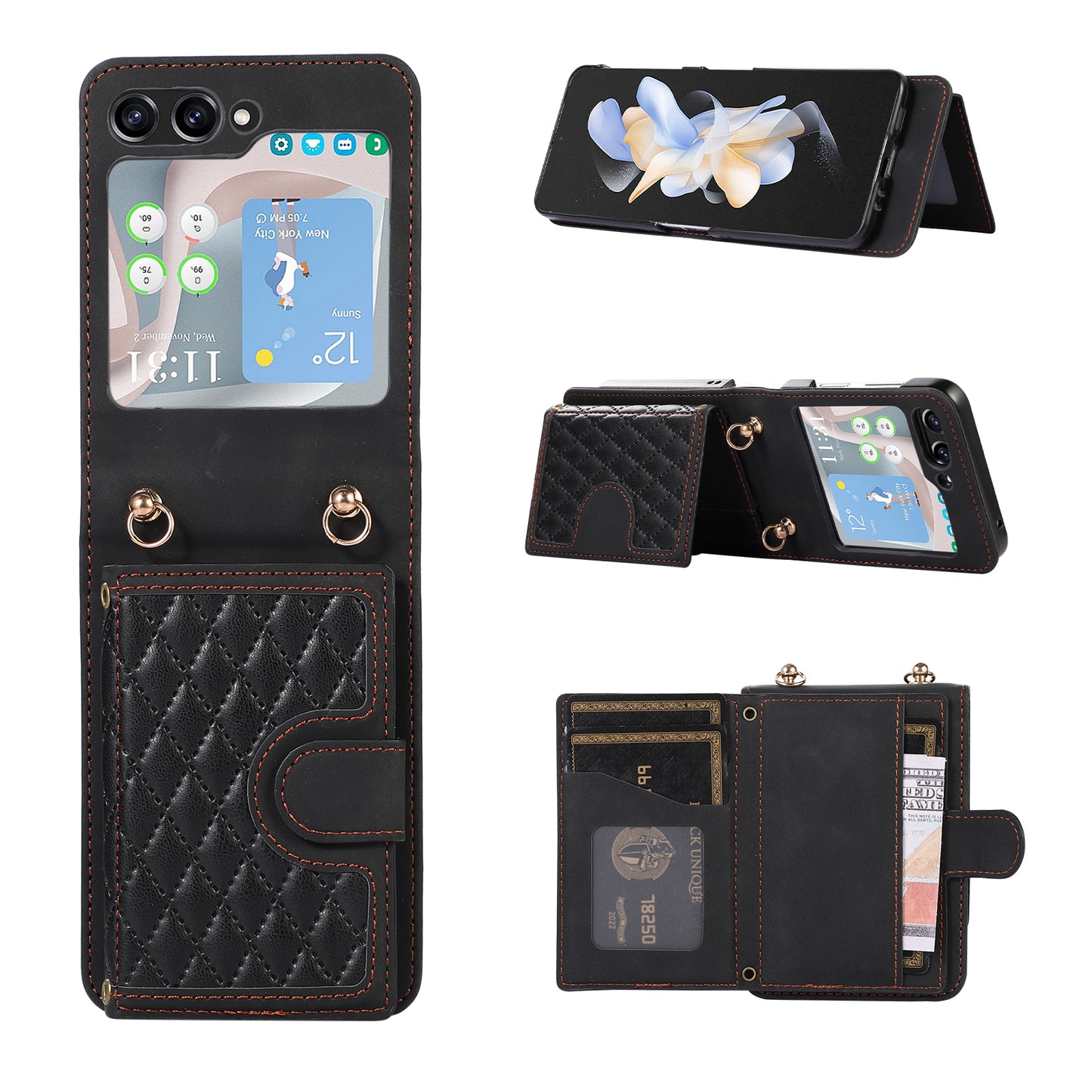 Grid Imprinted Protective Wallet Case for Samsung Galaxy Z Flip5 5G PU Leather PC Phone Cover with Shoulder Strap