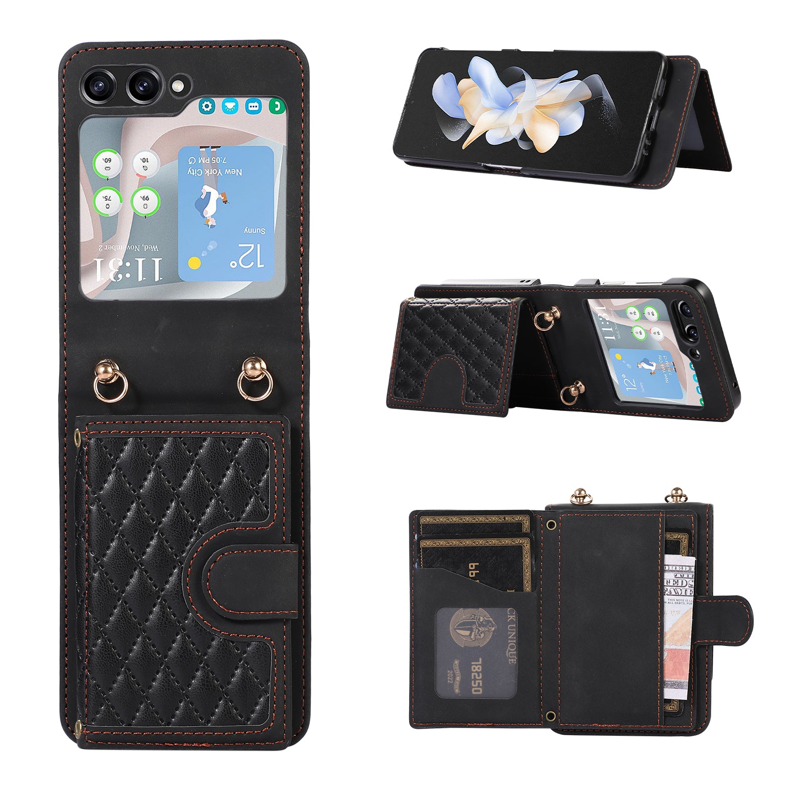 Grid Imprinted Protective Wallet Case for Samsung Galaxy Z Flip5 5G PU Leather PC Phone Cover with Shoulder Strap