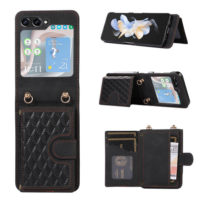 Grid Imprinted Protective Wallet Case for Samsung Galaxy Z Flip5 5G PU Leather PC Phone Cover with Shoulder Strap