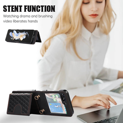 Grid Imprinted Protective Wallet Case for Samsung Galaxy Z Flip5 5G PU Leather PC Phone Cover with Shoulder Strap