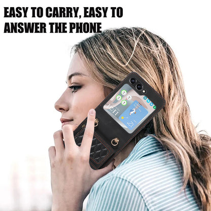 Grid Imprinted Protective Wallet Case for Samsung Galaxy Z Flip5 5G PU Leather PC Phone Cover with Shoulder Strap