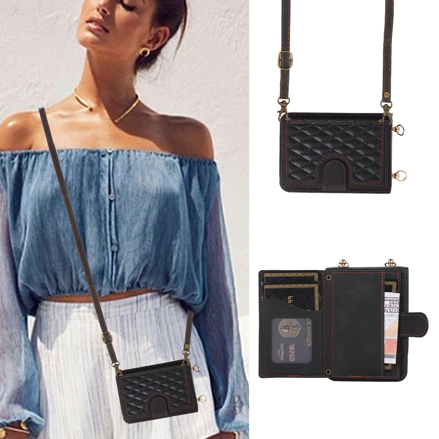 Grid Imprinted Protective Wallet Case for Samsung Galaxy Z Flip5 5G PU Leather PC Phone Cover with Shoulder Strap