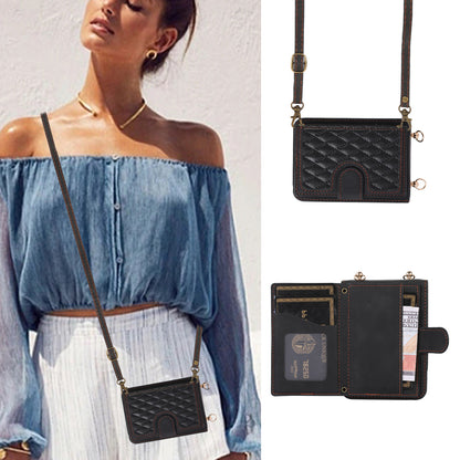 Grid Imprinted Protective Wallet Case for Samsung Galaxy Z Flip5 5G PU Leather PC Phone Cover with Shoulder Strap