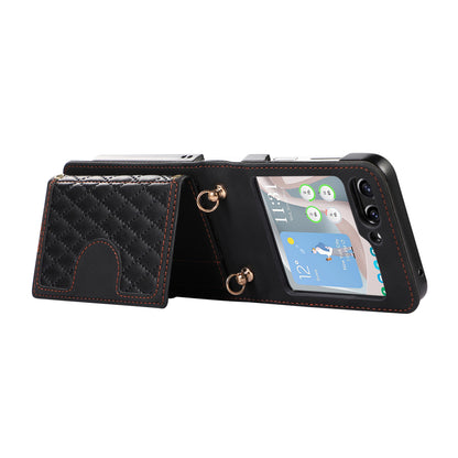 Grid Imprinted Protective Wallet Case for Samsung Galaxy Z Flip5 5G PU Leather PC Phone Cover with Shoulder Strap