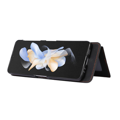 Grid Imprinted Protective Wallet Case for Samsung Galaxy Z Flip5 5G PU Leather PC Phone Cover with Shoulder Strap