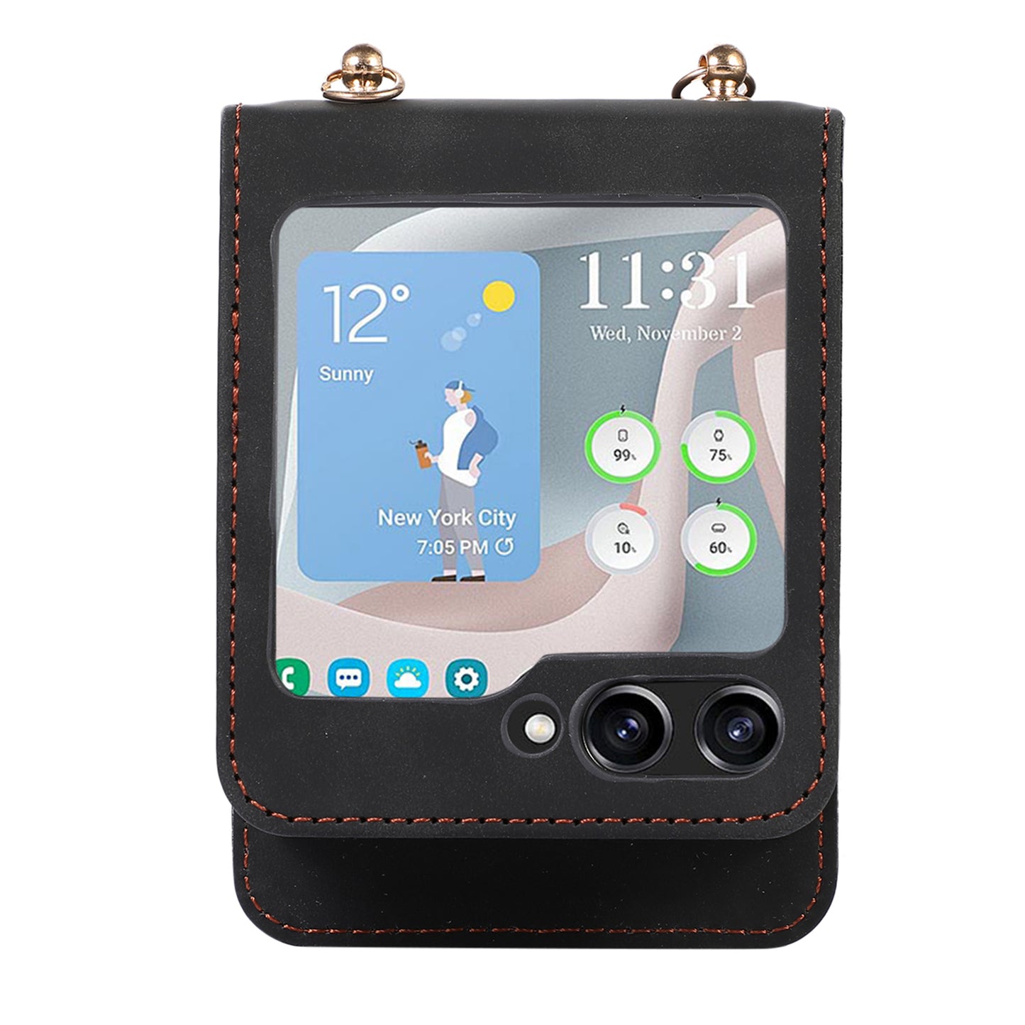Grid Imprinted Protective Wallet Case for Samsung Galaxy Z Flip5 5G PU Leather PC Phone Cover with Shoulder Strap