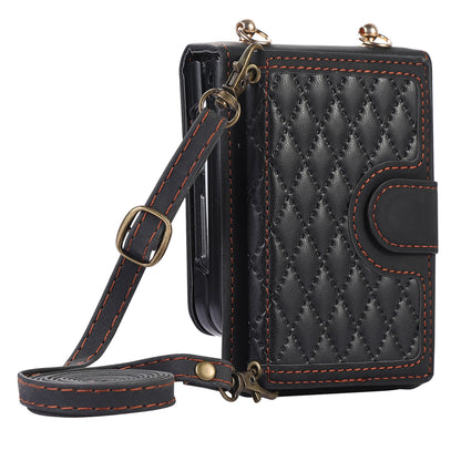 Grid Imprinted Protective Wallet Case for Samsung Galaxy Z Flip5 5G PU Leather PC Phone Cover with Shoulder Strap