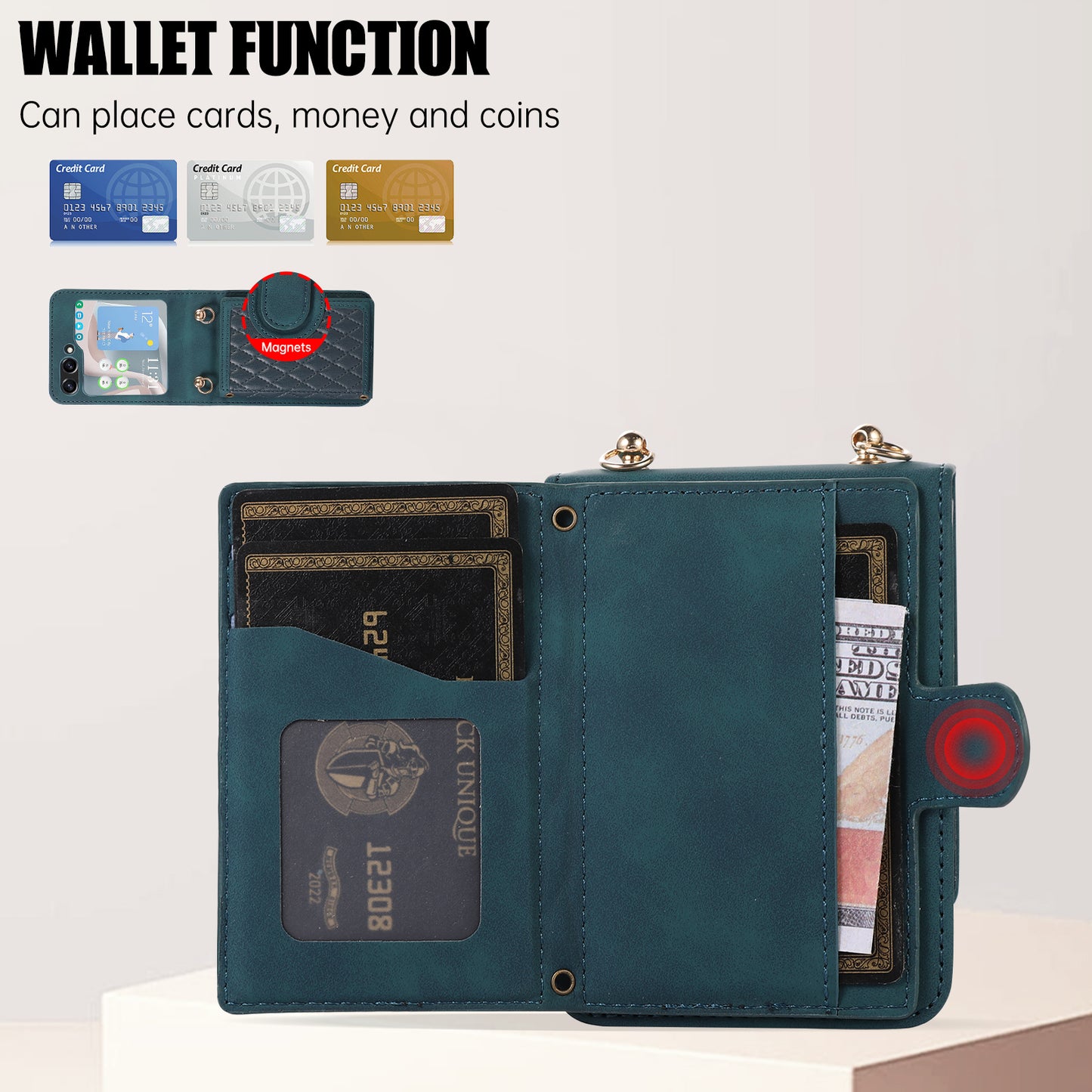 Grid Imprinted Protective Wallet Case for Samsung Galaxy Z Flip5 5G PU Leather PC Phone Cover with Shoulder Strap