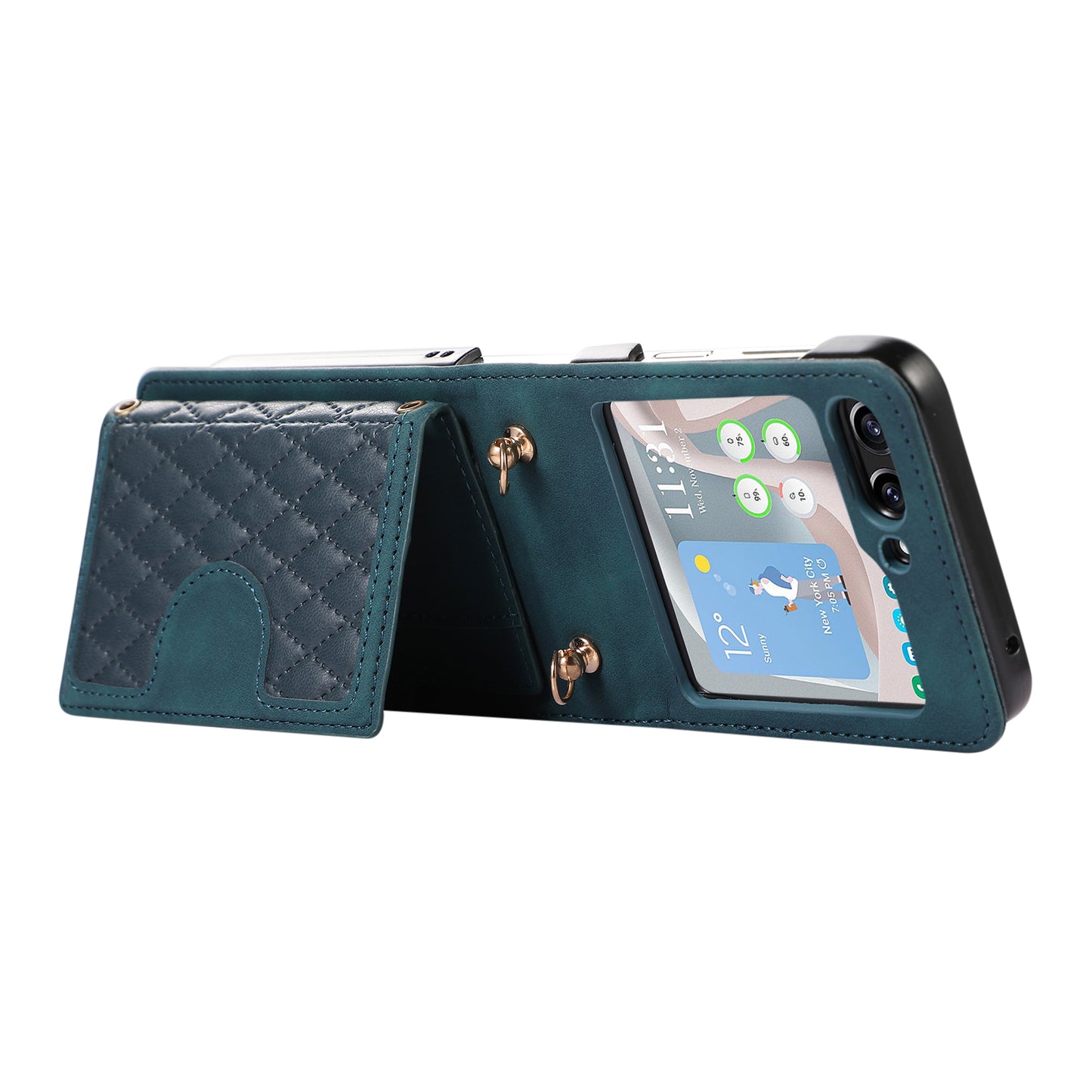 Grid Imprinted Protective Wallet Case for Samsung Galaxy Z Flip5 5G PU Leather PC Phone Cover with Shoulder Strap