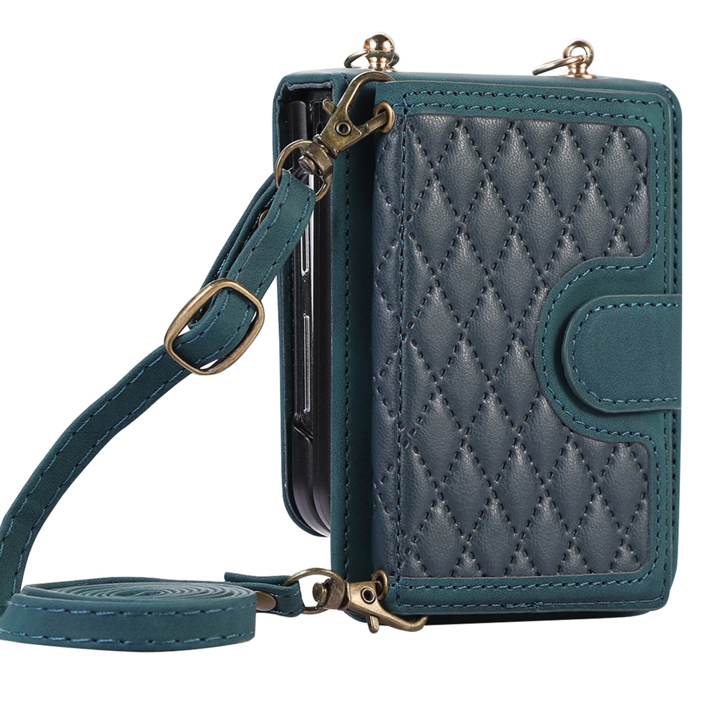 Grid Imprinted Protective Wallet Case for Samsung Galaxy Z Flip5 5G PU Leather PC Phone Cover with Shoulder Strap