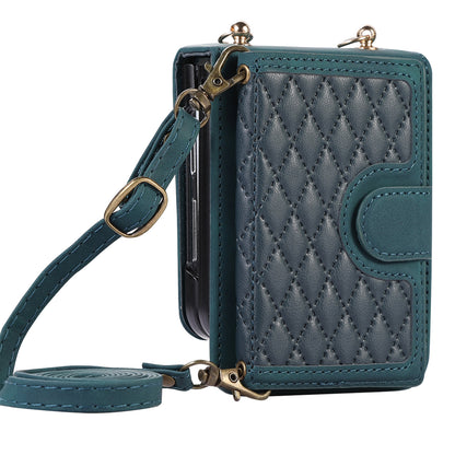 Grid Imprinted Protective Wallet Case for Samsung Galaxy Z Flip5 5G PU Leather PC Phone Cover with Shoulder Strap