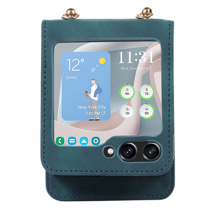 Grid Imprinted Protective Wallet Case for Samsung Galaxy Z Flip5 5G PU Leather PC Phone Cover with Shoulder Strap