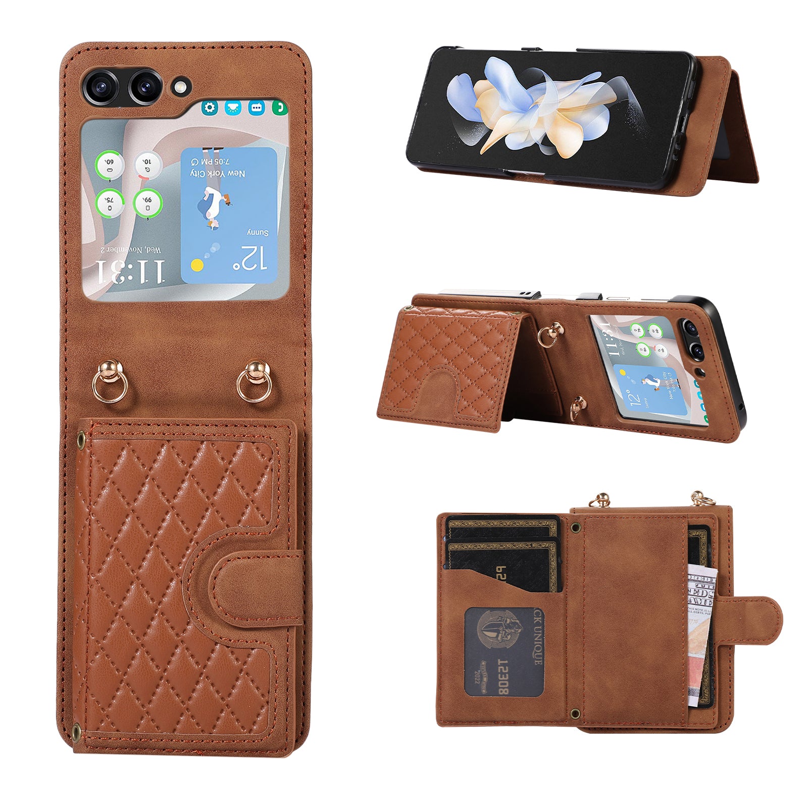 Grid Imprinted Protective Wallet Case for Samsung Galaxy Z Flip5 5G PU Leather PC Phone Cover with Shoulder Strap