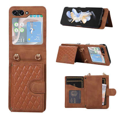 Grid Imprinted Protective Wallet Case for Samsung Galaxy Z Flip5 5G PU Leather PC Phone Cover with Shoulder Strap