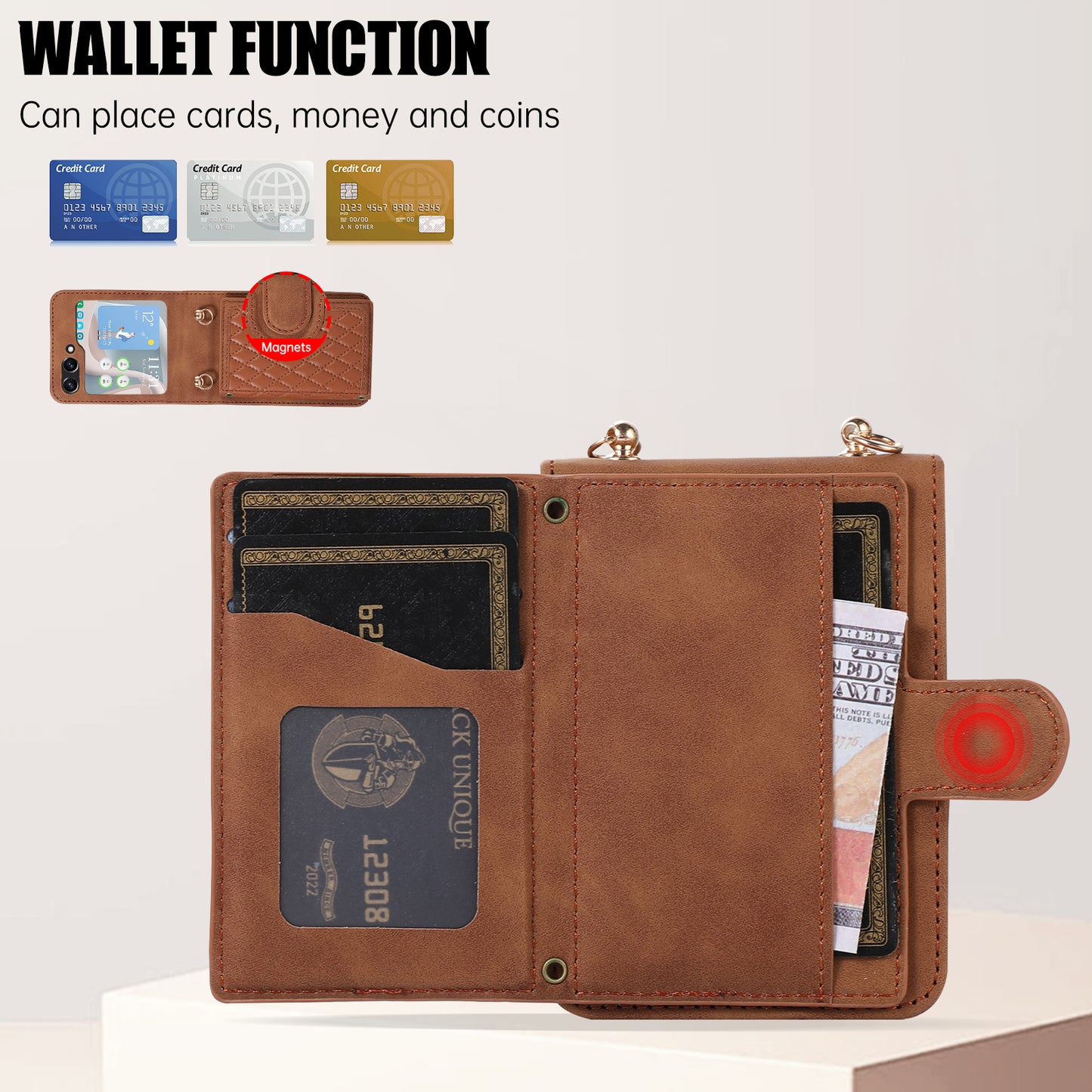 Grid Imprinted Protective Wallet Case for Samsung Galaxy Z Flip5 5G PU Leather PC Phone Cover with Shoulder Strap