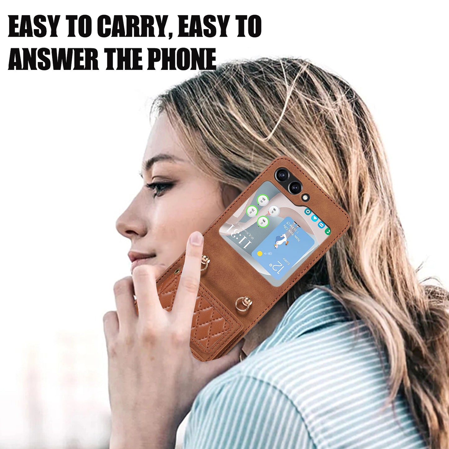 Grid Imprinted Protective Wallet Case for Samsung Galaxy Z Flip5 5G PU Leather PC Phone Cover with Shoulder Strap