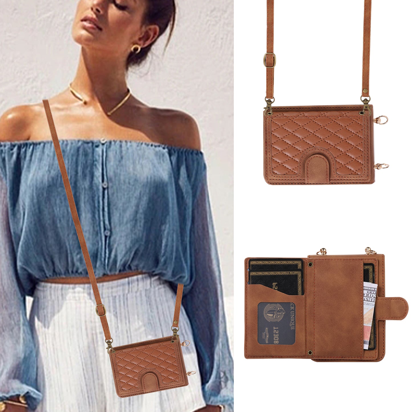 Grid Imprinted Protective Wallet Case for Samsung Galaxy Z Flip5 5G PU Leather PC Phone Cover with Shoulder Strap