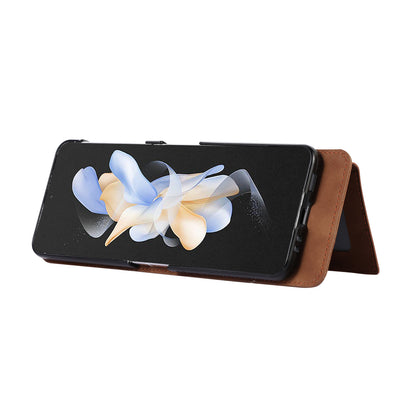 Grid Imprinted Protective Wallet Case for Samsung Galaxy Z Flip5 5G PU Leather PC Phone Cover with Shoulder Strap