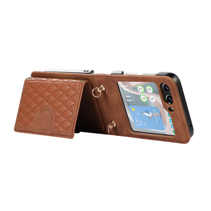Grid Imprinted Protective Wallet Case for Samsung Galaxy Z Flip5 5G PU Leather PC Phone Cover with Shoulder Strap