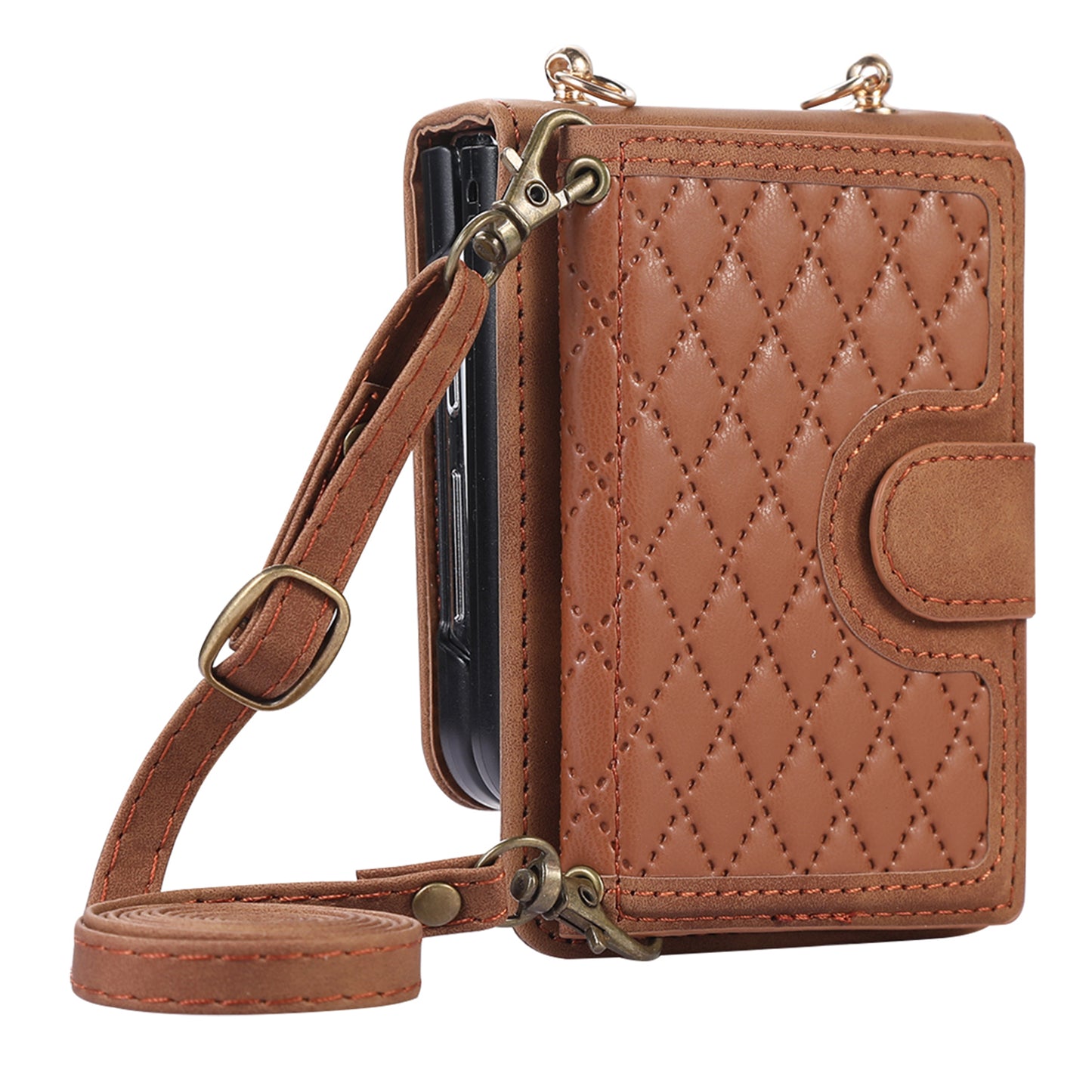 Grid Imprinted Protective Wallet Case for Samsung Galaxy Z Flip5 5G PU Leather PC Phone Cover with Shoulder Strap