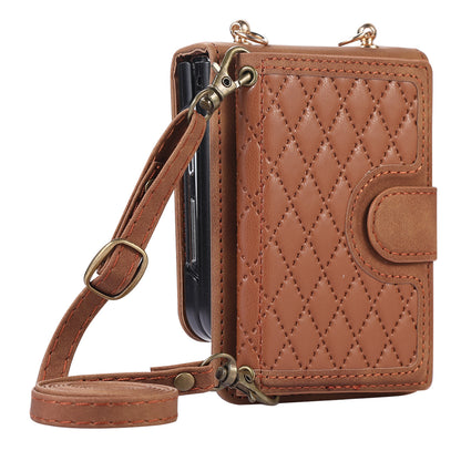 Grid Imprinted Protective Wallet Case for Samsung Galaxy Z Flip5 5G PU Leather PC Phone Cover with Shoulder Strap