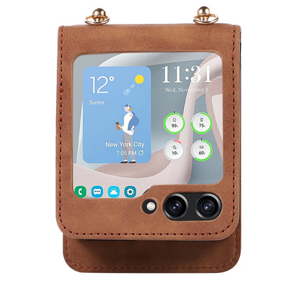 Grid Imprinted Protective Wallet Case for Samsung Galaxy Z Flip5 5G PU Leather PC Phone Cover with Shoulder Strap