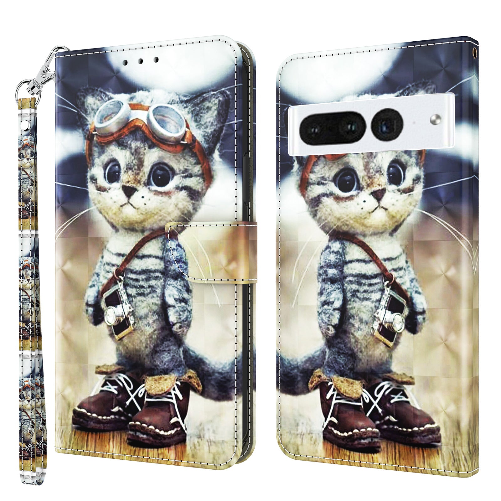 For Google Pixel 8 Pro Stand PU Leather Phone Case 3D Pattern Printing Wallet Cover with Strap